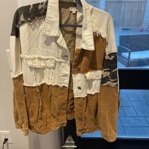 Asymmetric camo camel jean jacket